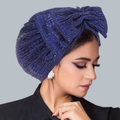 Sparkly navy blue turban hat for women with a large handmade bow decoration - Sapphire Blue