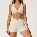 Beige yoga set with V-neck sports bra and high-waist cross-waist shorts with side pocket - 2044 Bra + 2030 Shorts - Oatmeal Beige
