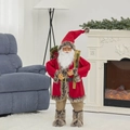 Classic Santa figurine in red velvet robe with wooden skis and berry backpack decor - 90cm