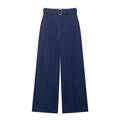 Donkerblauwe twill broek met hoge taille, wijde pijpen en bijpassende ceintuur set - XS / Casual broek