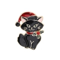 Spilla a gatto natalizio in smalto nero con cappello di Babbo Natale e cristalli rossi - Gatto di Natale
