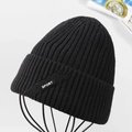 Men's winter black knit beanie with sport tag, ribbed thermal wool hat for outdoor warmth - Black