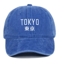 Vintage washed blue cotton baseball cap with embroidered white Tokyo lettering - Adjustable / Sapphire Blue