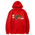 Red Christmas hoodie with 'TIS THE SEASON print featuring coffee and festive tree patterns - Red