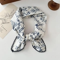 White cotton linen neck scarf with blue floral pattern and black lace trim decoration - Gray Blue Branch Leaves