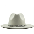 Elegant light grey wool felt fedora hat featuring a stylish silver chain band accent - White