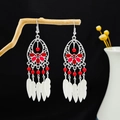Bohemian silver earrings with red beads and leaf feather pendants on a branch - Red