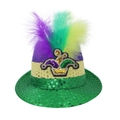 Chapeau de jazz à paillettes Mardi Gras avec plumes tricolores et emblème couronne - Taille unique / Style chapeau amélioré (avec décoration de plumes)