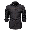 Dettaglio della camicia di jeans a maniche lunghe con doppie tasche sul petto e cuciture - S / Nero