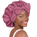 Pink double-layer satin hair bonnet with a large decorative bow for curly hair care - Large / Dark Mauve