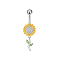 Close-up of silver sunflower navel ring with yellow petals and green enamel leaf detail - 2789 Sunflower