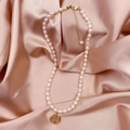 Elegant natural freshwater pearl necklace with a golden abacus pendant on pink silk - Round Abacus Necklace