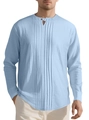 Men's light blue long sleeve Henley shirt with pleated cotton linen fabric texture - Light Blue