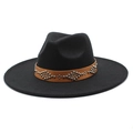 Cappello fedora in lana nera con tesa larga 9,5 cm e fascia in pelle marrone borchiata - Adulto 56-59cm / Nero