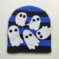 Blue and black striped knit beanie featuring white cartoon ghost pattern for outdoor wear - Blue Black Striped Ghost