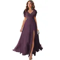 Elegant plum chiffon bridesmaid dress with V-neck, butterfly sleeves and high side slit - US size 2 (S) / Bottoms / Grape Purple