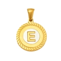 Golden round pendant featuring a white shell inlay with capital letter E and twist border - Letter E (S-P005-E)