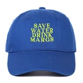 Close-up of Save Water Drink Margs embroidery on navy blue cotton baseball cap - Sapphire Blue