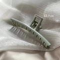 Large matte light bean green shark hair claw clip on white silk fabric 12.7cm - 13cm / Grey Blue