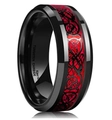 Tungsten carbide ring in black with red Celtic dragon inlay and polished beveled edges - Black Dragon With Red Background