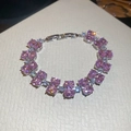 Detail view of double-layer silver bracelet with oval pink zircon and micro-pave crystals - Pink