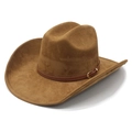 Classic western suede cowboy hat in brown with stylish leather band and buckle - M (56-57cm) / Khaki