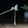 Klassische chinesische Schmetterlings-Haarnadel mit Blumen und Goldquasten - Hellgrüner Schmetterling Blaue Blume Gold Quaste (发簪0205)