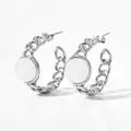 Silver hollow C-shaped chain earrings with white round gemstone inlay in retro style - Silver White