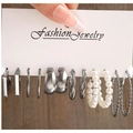 Detailed view of a 6-pair silver geometric earring set featuring hoops and pearls - 6 Pairs-Silver-Style C