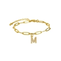 18K gold plated paperclip chain bracelet featuring a micro-pave letter M pendant - M