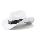 Detail of white western cowboy hat with cattle skull charm and star studs on brown band - M (56-58cm) Adjustable / White