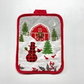 Christmas potholder with red barn and snowman pattern, heat-resistant cotton baking mat - Plaid Snowman