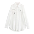 Camisa blanca de manga larga con textura, grandes flores en 3D y botones de perla - XS / Blanco