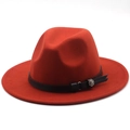 Classic bright red wool felt fedora hat with flat brim and black leather band decoration - M (56-58cm) / Caramel color