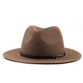 Close-up of brown straw fedora featuring dense weaving and black leather strap detail - M (56-58cm) / Brown