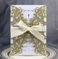 Glitter gold laser-cut wedding invitation with cream ribbon and religious cross icon - Glitter Golden Yellow