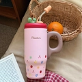 Pink stainless steel floral insulated cup with handle and straw for coffee - Pink Fruit-Ceramic-800ML