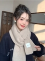 Minimalist beige knitted wool scarf for women featuring a stylish white brand tag - Approx. 160cm / Oatmeal