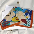 Colorful floral satin square scarf with abstract pattern and bright orange edge stitching - Orange-edged Sunflower Square Scarf / 65