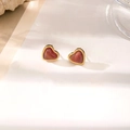 Macro shot of heart-shaped earrings with red resin and gold-tone metallic edges - [XKE3047] Red Heart Earrings Gold