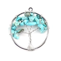 Detailed view of handmade silver wire wrapped tree of life pendant with turquoise stones - 3cm / Silver + Turquoise