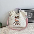Cute cream quilted tote bag with cat embroidery and pink woven shoulder strap - Skateboard Cat White