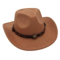 Detailed close-up of brown felt cowboy hat with metallic rivets on a leather band - Khaki (with Decorative Band)