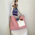 Red plaid canvas tote bag with leather trim and adjustable shoulder strap crossbody - Red Grid