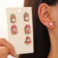 Detail of cute gnome stud earrings set with pink hearts and watermelon patterns - Fruit Gnome Set (5679)