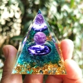 Handcrafted Orgone pyramid featuring amethyst ball, yin yang symbol, and turquoise stones - Tai Chi Glaze Blue Green Stone / Small
