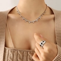 Silver snake bone necklace with zircon charms and checkerboard ring set for women - Silver Color with Clear Zircon (P340)