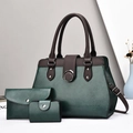 Three-piece dark green vintage SPU leather tote bag set with contrasting brown straps - Green