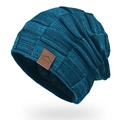 Winter chunky knit beanie in dark cyan with soft fleece lining and sport leather patch - Mixed Royal Blue