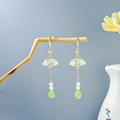Detailed view of Chinese fan-shaped earrings with pearls and green water-drop pendants - White Fan Pearl Drip (E2908-1)